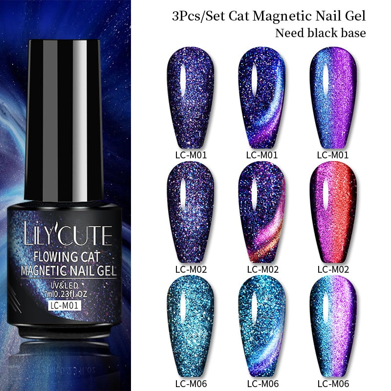 LILYCUTE 7ML 9D Cat Magnetic Gel Polish Set Semi Permanent Soak Off UV LED Glitter Nails Magnet Stick Black Gel Needed