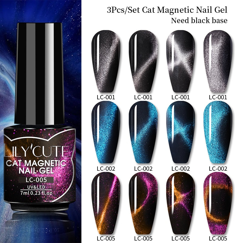 LILYCUTE 7ML 9D Cat Magnetic Gel Polish Set Semi Permanent Soak Off UV LED Glitter Nails Magnet Stick Black Gel Needed