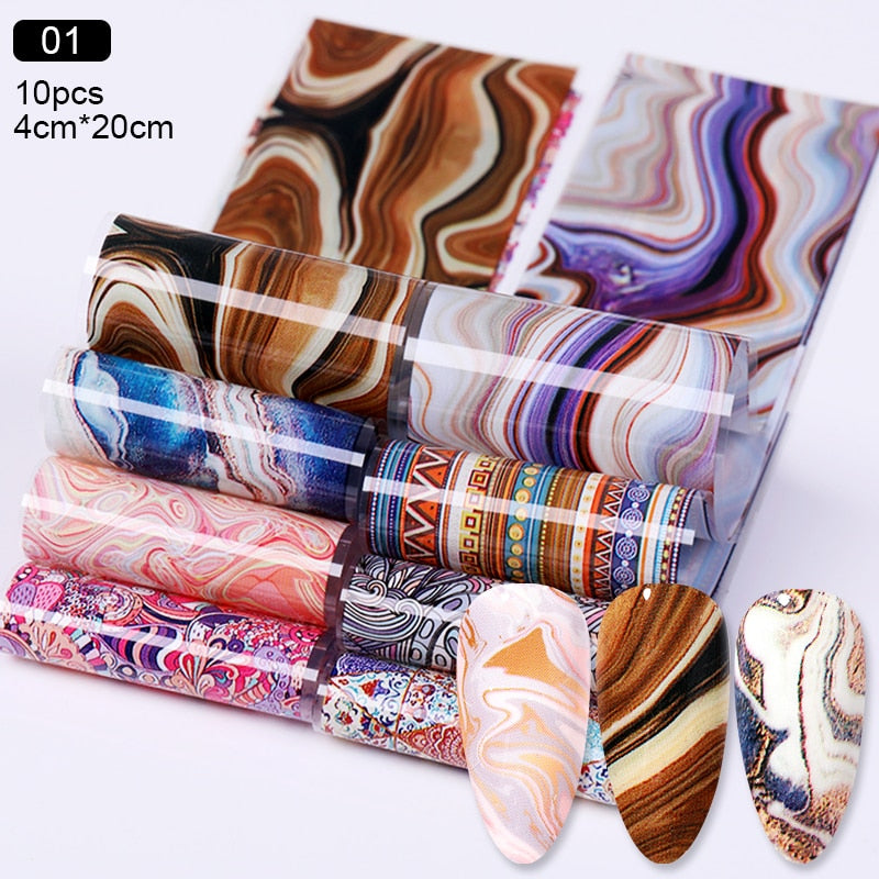 10 Sheets Nail Transfer Foil Marble Nail Art Stickers Retro Pattern Nail Art Decals DIY Nails Accessories 4*100cm