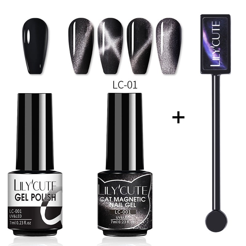 LILYCUTE 7ML 9D Cat Magnetic Gel Polish Set Semi Permanent Soak Off UV LED Glitter Nails Magnet Stick Black Gel Needed