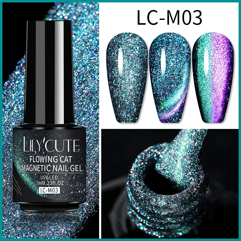 LILYCUTE 7ml 9D Reflective Cat Magnetic Gel Nail Polish Glitter Vernis Semi Permanent Soak Off Magnetic UV Gel Nail Art Gel