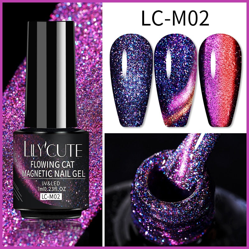 LILYCUTE 7ml 9D Reflective Cat Magnetic Gel Nail Polish Glitter Vernis Semi Permanent Soak Off Magnetic UV Gel Nail Art Gel