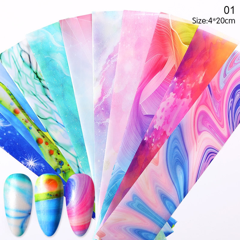 10 Sheets Nail Transfer Foil Marble Nail Art Stickers Retro Pattern Nail Art Decals DIY Nails Accessories 4*100cm