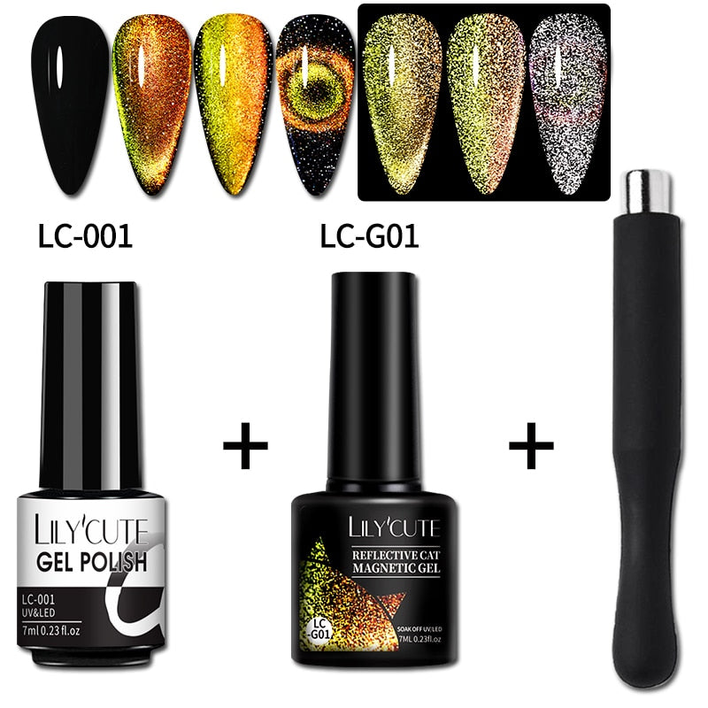 LILYCUTE 7ML 9D Cat Magnetic Gel Polish Set Semi Permanent Soak Off UV LED Glitter Nails Magnet Stick Black Gel Needed