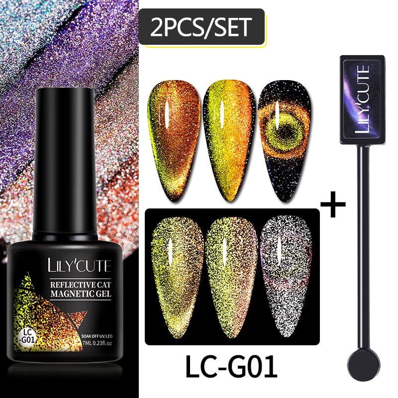 LILYCUTE 7ML 9D Cat Magnetic Gel Polish Set Semi Permanent Soak Off UV LED Glitter Nails Magnet Stick Black Gel Needed