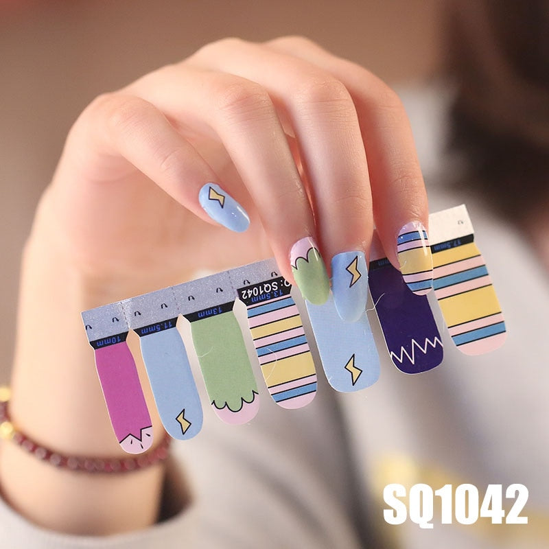 1sheet Korean Nail Polish Strips DIY Waterproof Nail Wraps Mixed Patterns Full Nail Patch Adhesive for Women Nail Art Stickers